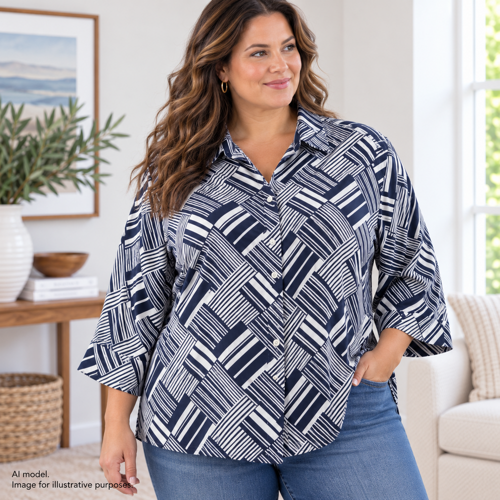 Lauren Ralph Lauren Shirt Womens 1X Navy White Geometric Button Up Blouse Cotton